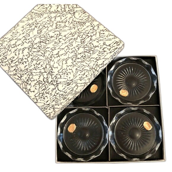 Bohemia Czech Glass Cut Sunburst Crystal Coasters Set of 4 VTG New in Gift Box - Picture 1 of 7